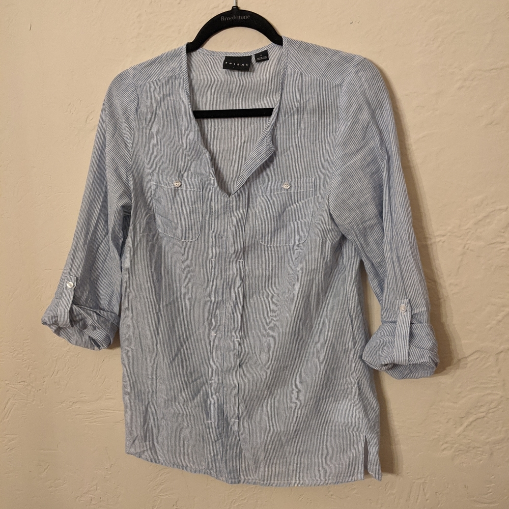 SOLD Blue White Striped Tribal Cotton Blouse